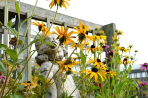 Yellow flowers with a cherub statue