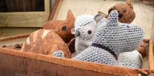 Knitted and fabric door stops. Dog, cat and owl