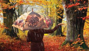 Lady with umbrella in autumnal forest